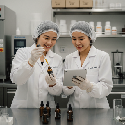 Lab Lustre skincare scientists collaborating on innovative formulations.