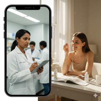 Lab Lustre scientist consulting with model on skincare innovation.