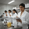 Lab Lustre scientists testing skincare formulations in a modern lab.
